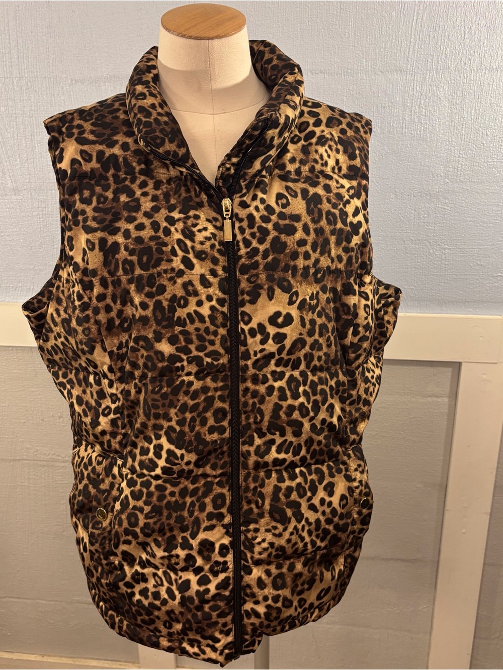 Charter Club Leopard Print Puffer Vest - Brown/Black SZ XL Pockets Fall Winter